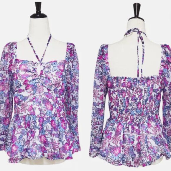 FRENCH CONNECTION Floral Halter Peplum Top Smocked Pink Purple Size Large New - Picture 2 of 8
